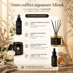 Coffret Mïnek ouvert – diffuseur bâtonnets, spray, fondant et huile parfumée