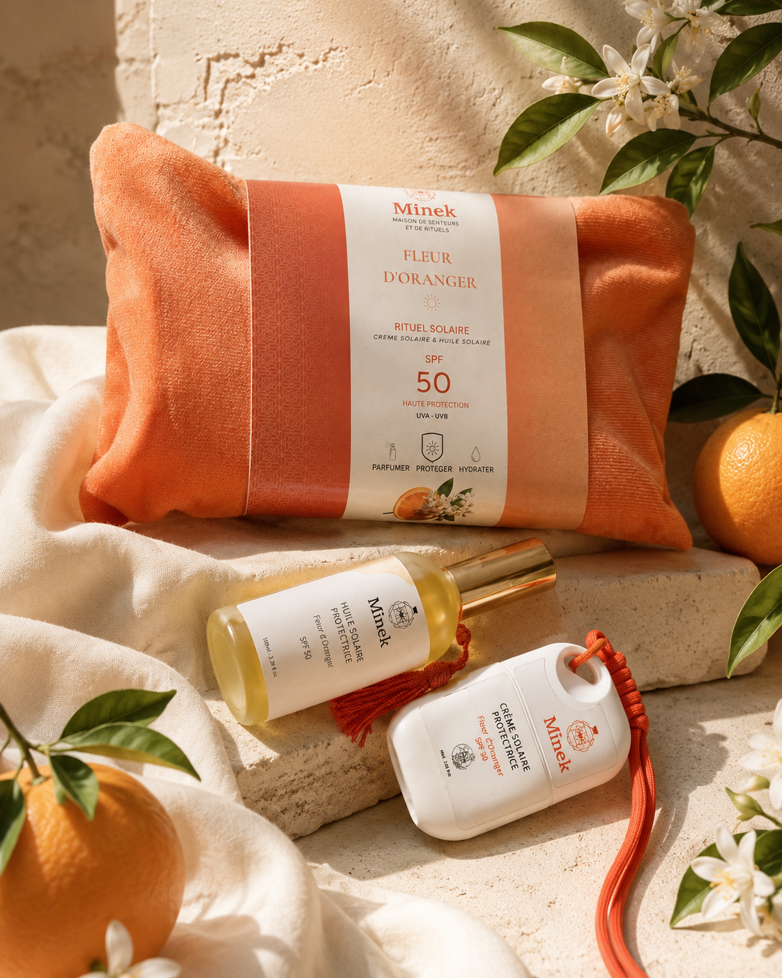 Coffret solaire Mïnek Fleur d'Oranger avec crème solaire et huile solaire SPF 50